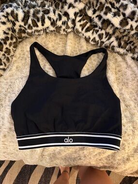 ALO Yoga Black Racerback Sports Bra with White Stripe Band